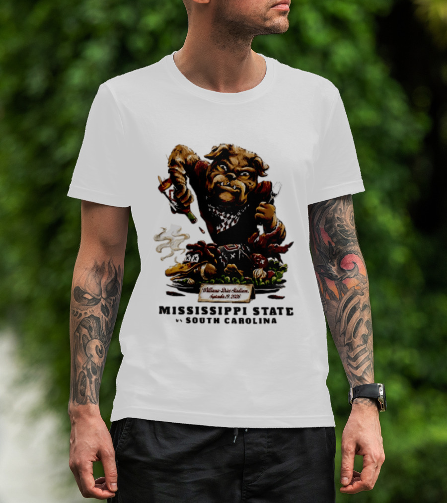 Mississippi State Vs South Carolina 2026 Bulldog Pouring Sauce On Roasted Duck Williams Brice Stadium T-Shirt
