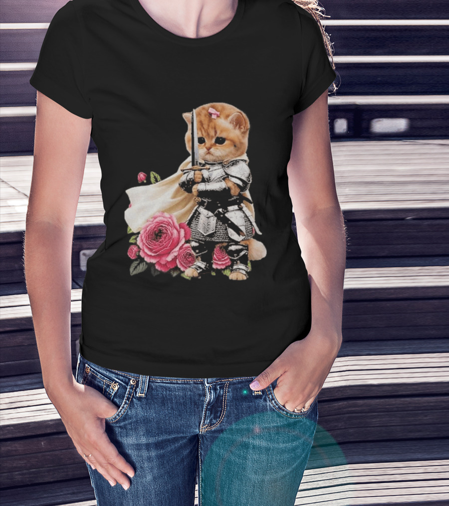 Knight Cat Holding Sword With Roses T-Shirt