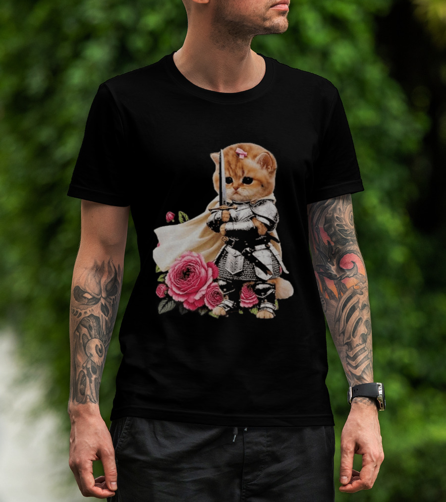 Knight Cat Holding Sword With Roses T-Shirt
