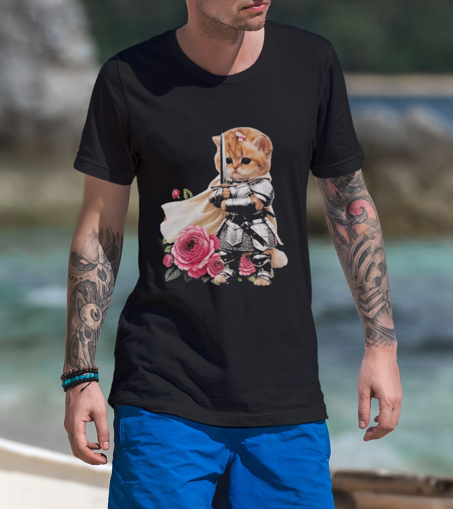 Knight Cat Holding Sword With Roses T-Shirt