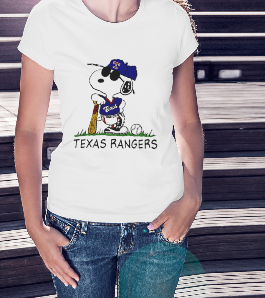 Snoopy Texas Rangers MLB Baseball Uniform With Sunglasses And Bat T-Shirt
