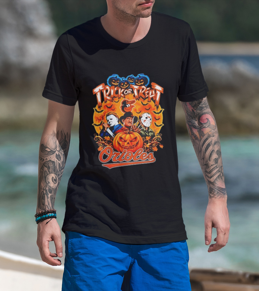 Trick Or Treat Orioles Horror Movie Characters Halloween T-Shirt