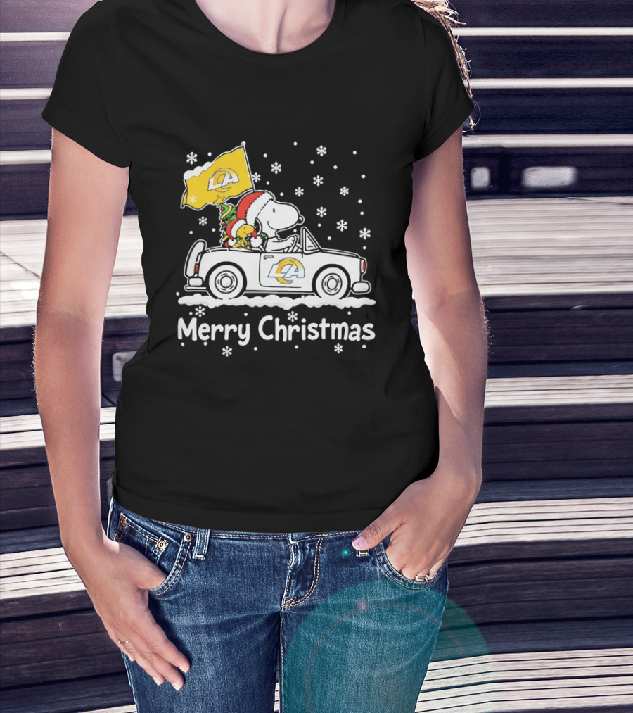 Los Angeles Rams Snoopy Woodstock Merry Christmas Car Holiday T-Shirt