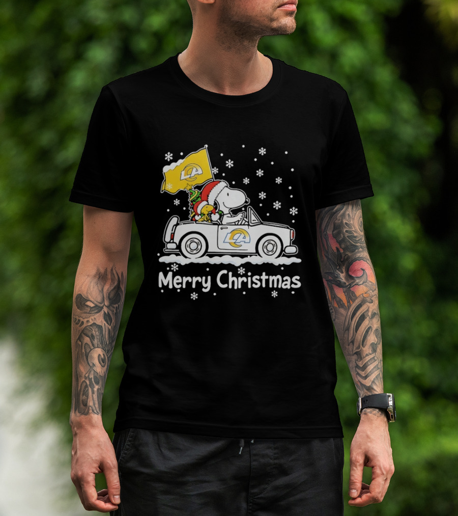 Los Angeles Rams Snoopy Woodstock Merry Christmas Car Holiday T-Shirt
