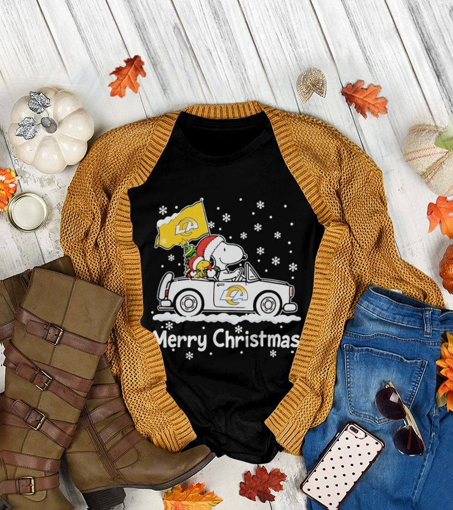 Los Angeles Rams Snoopy Woodstock Merry Christmas Car Holiday T-Shirt
