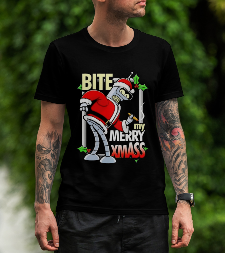 Bender Bite My Merry Xmass Futurama Santa Cigarette Hollys T-Shirt