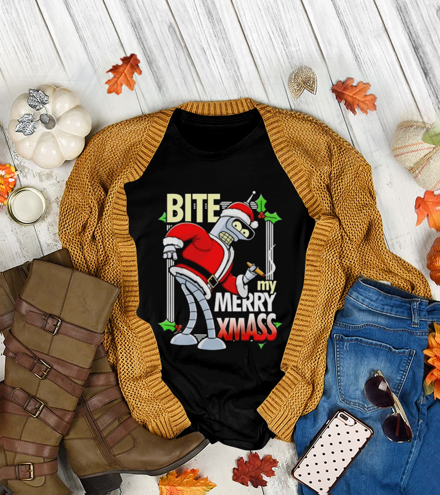 Bender Bite My Merry Xmass Futurama Santa Cigarette Hollys T-Shirt