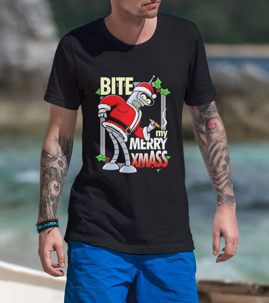 Bender Bite My Merry Xmass Futurama Santa Cigarette Hollys T-Shirt