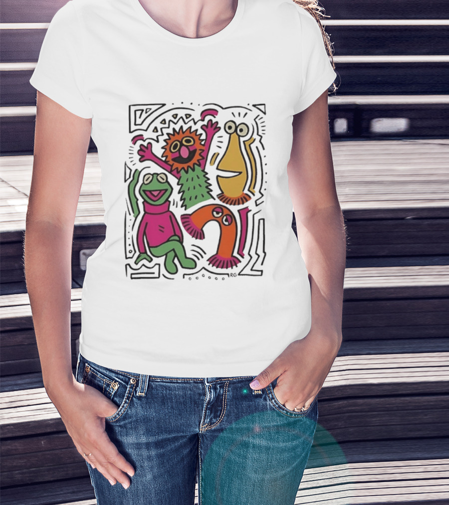 Kermit The Frog And Friends Keith Haring Collaboration Featuring Iconic Cartoon Characters T-Shirt