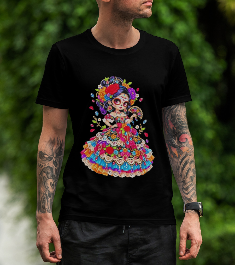 Day Of The Dead Catrina Girl Floral Dress Colorful Sugar Skull T-Shirt