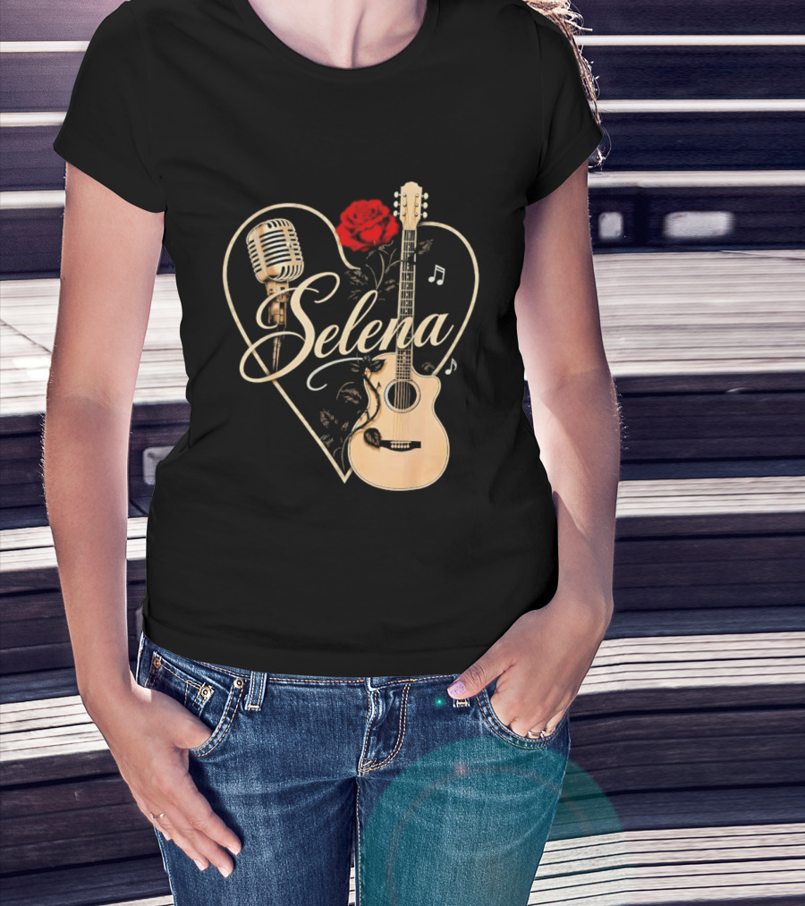 Selena Heart With Rose Microphone Guitar Music Notes T-Shirt
