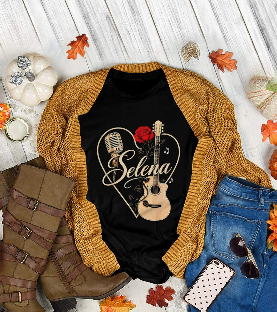 Selena Heart With Rose Microphone Guitar Music Notes T-Shirt