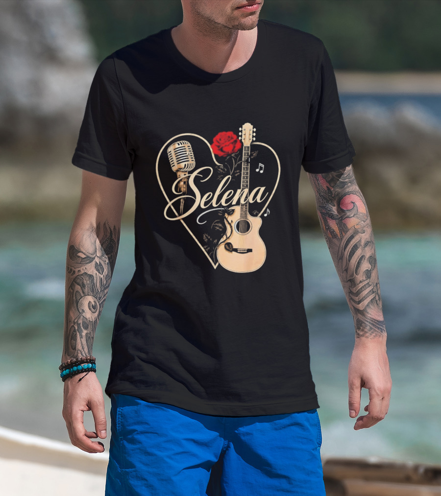 Selena Heart With Rose Microphone Guitar Music Notes T-Shirt