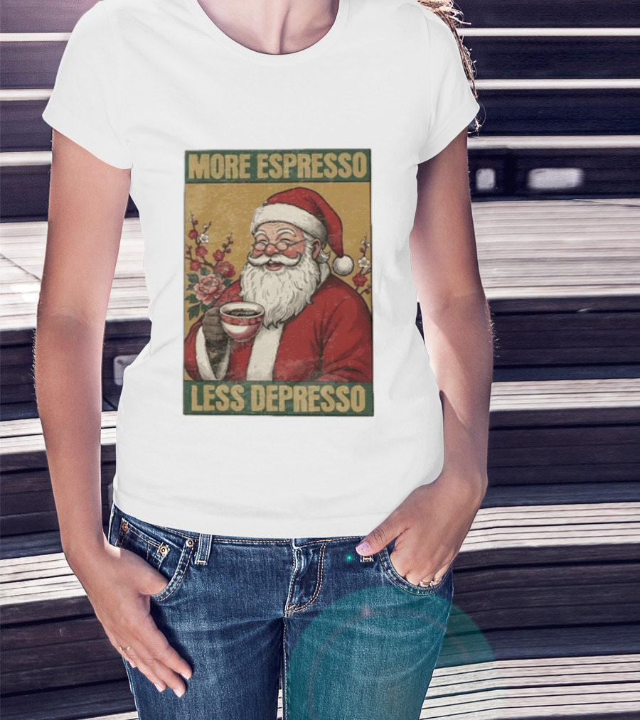 More Espresso Less Depresso Santa Coffee Meme T-Shirt