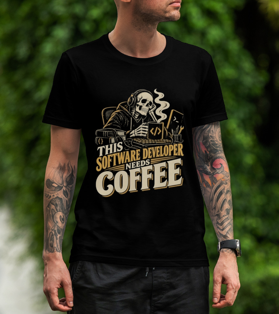This Software Developer Needs Coffee Coding Skeleton T-Shirt