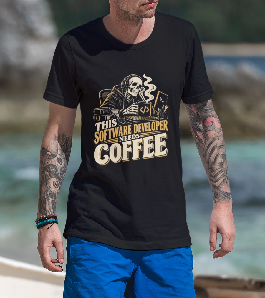 This Software Developer Needs Coffee Coding Skeleton T-Shirt