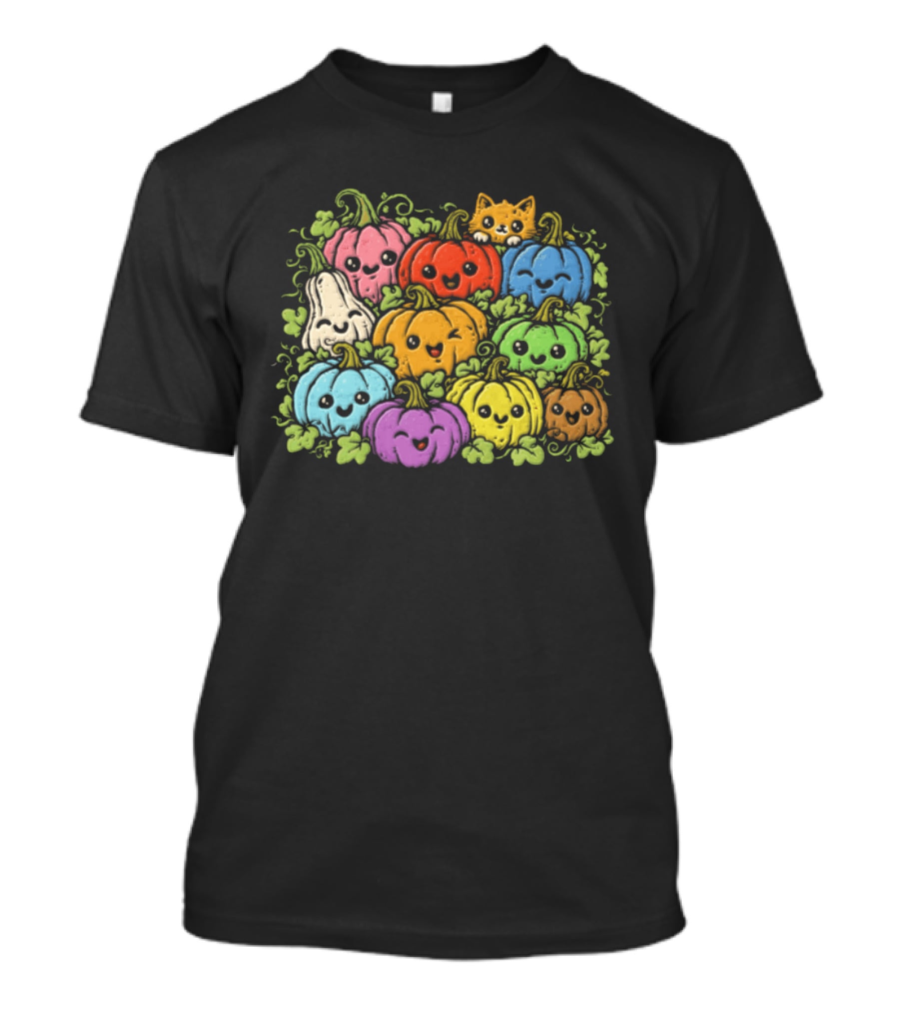 Halloween Cute Colorful Pumpkins And Gourds With Orange Cat T-Shirt