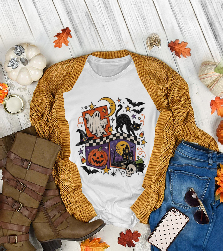 Halloween Ghost Cat Moon Pumpkin Witch Hat Skull Scene T-Shirt