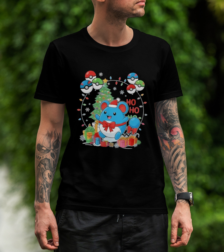 Marill Pokemon Christmas Ho Ho Ho Holiday Pokeballs Snowflakes Presents T-Shirt
