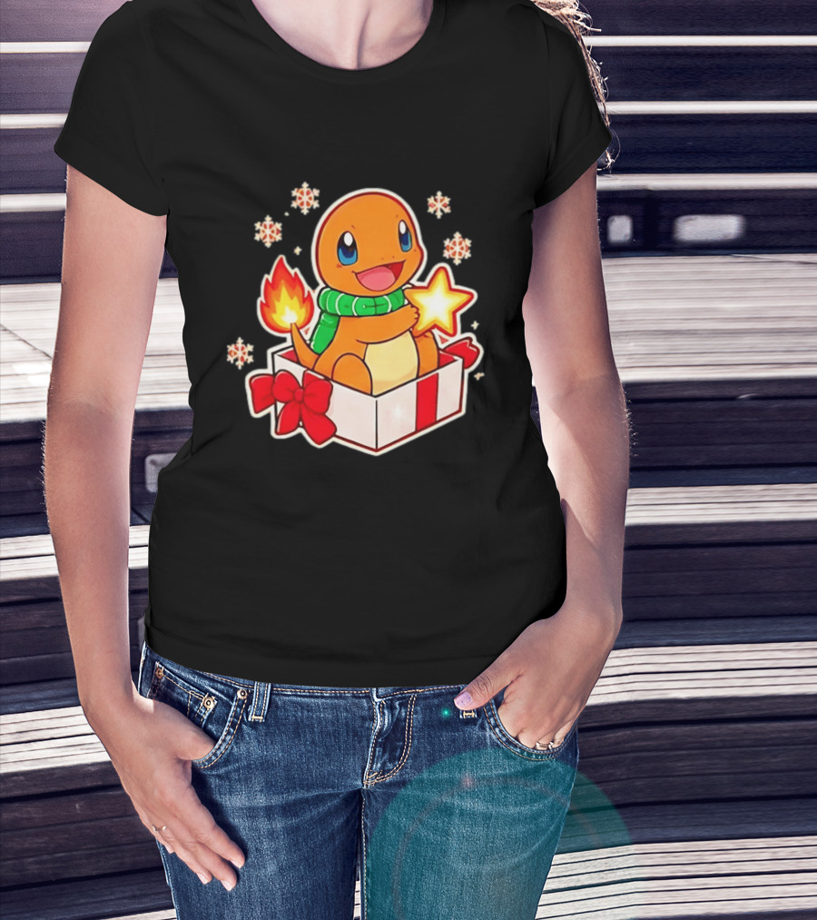 Charmander Holding Star In Christmas Gift Box With Snowflakes And Green Scarf T-Shirt