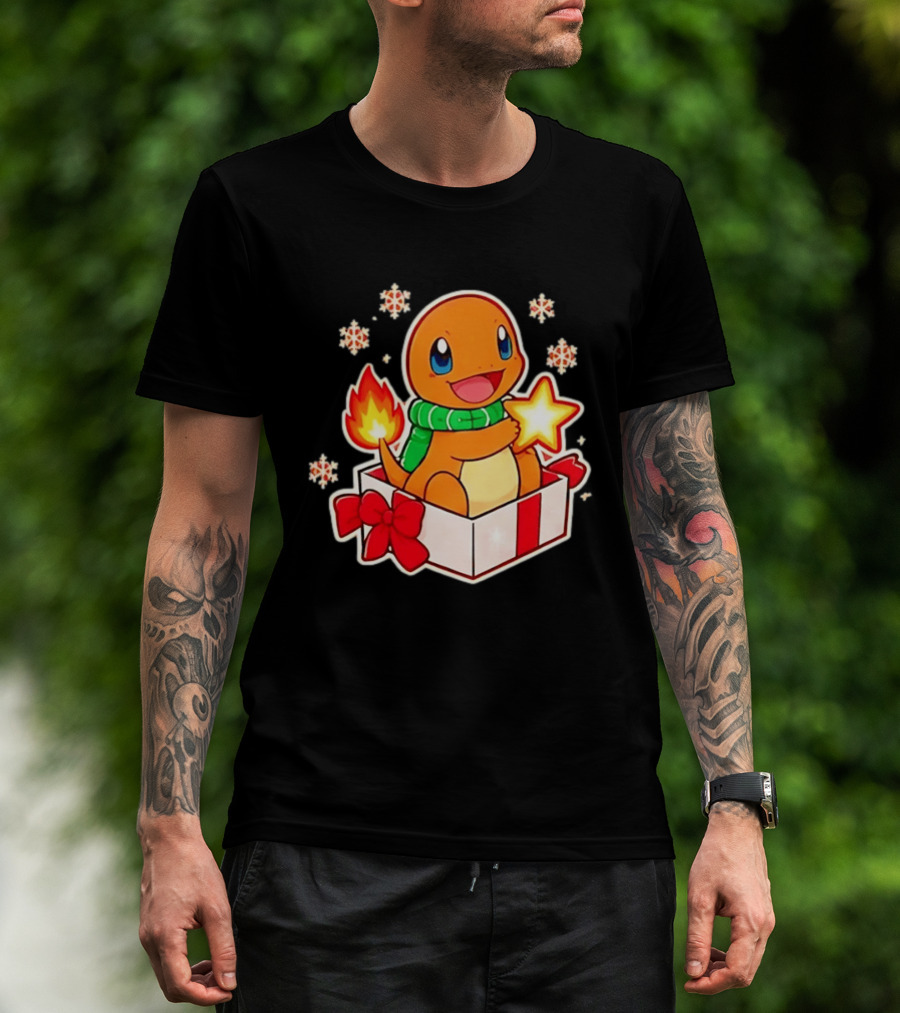 Charmander Holding Star In Christmas Gift Box With Snowflakes And Green Scarf T-Shirt