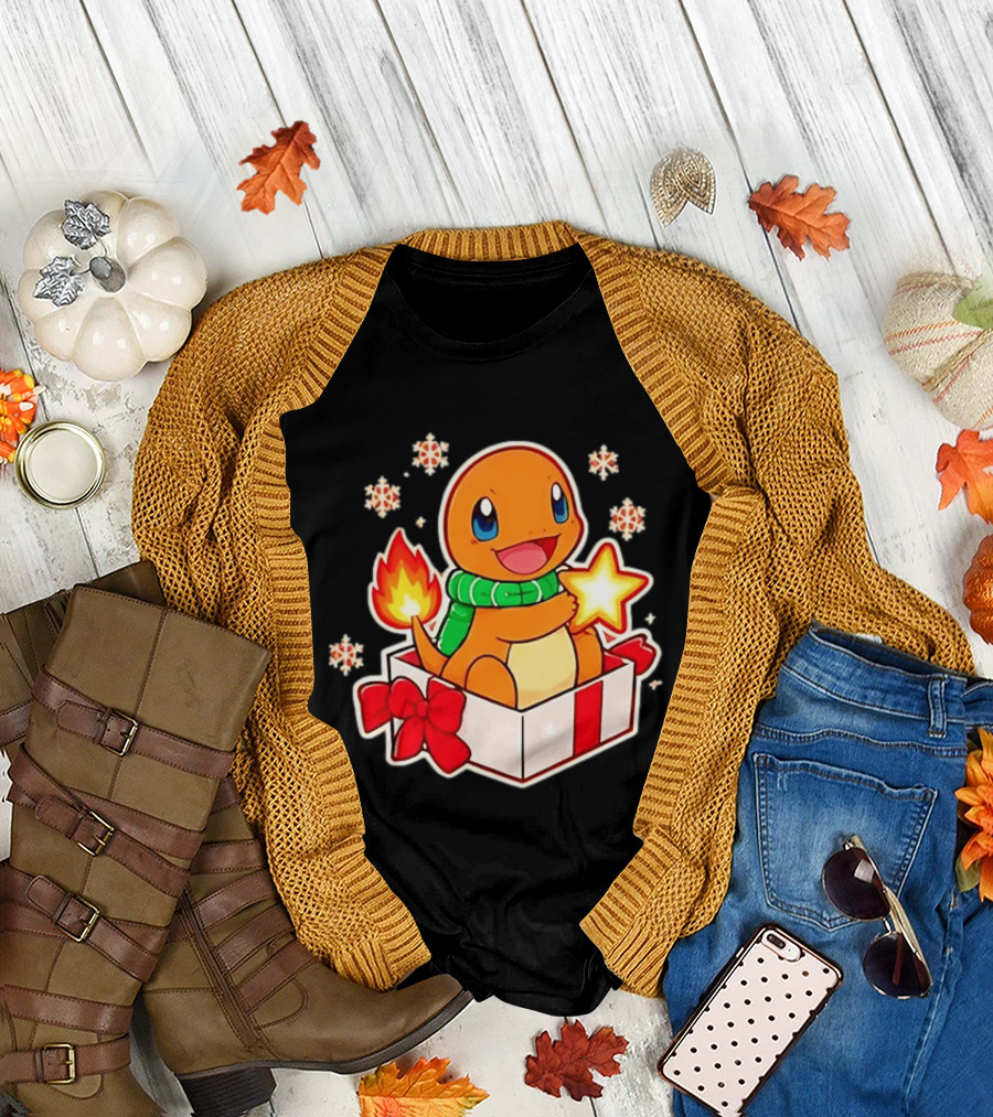 Charmander Holding Star In Christmas Gift Box With Snowflakes And Green Scarf T-Shirt