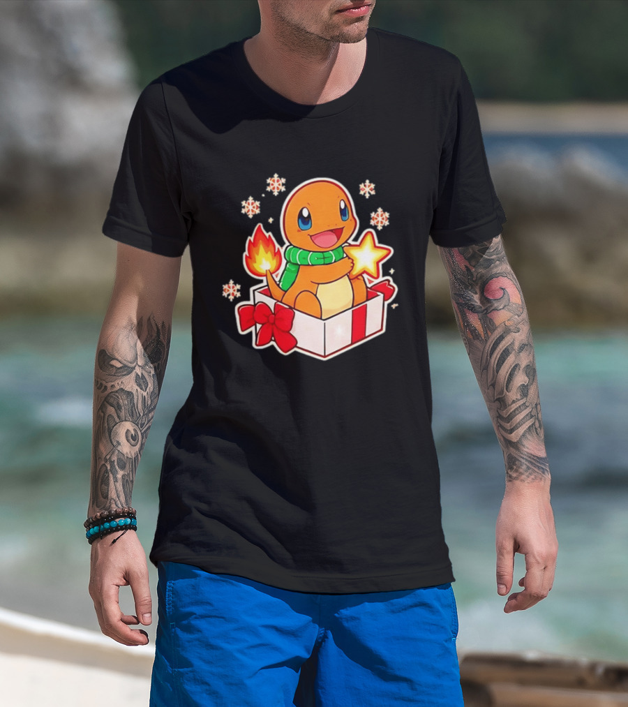 Charmander Holding Star In Christmas Gift Box With Snowflakes And Green Scarf T-Shirt