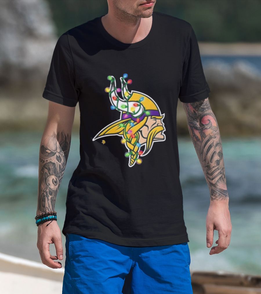 Minnesota Vikings Viking Head Christmas Lights Festive Decor T-Shirt