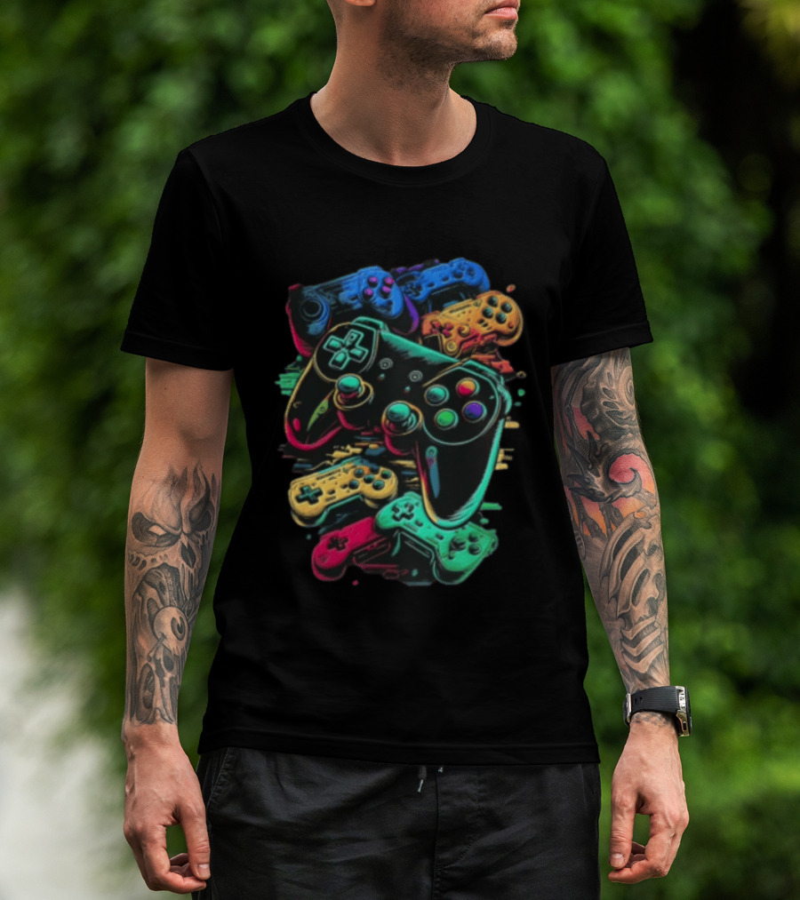 Colorful Retro Video Game Controllers Gaming Geek Collection T-Shirt