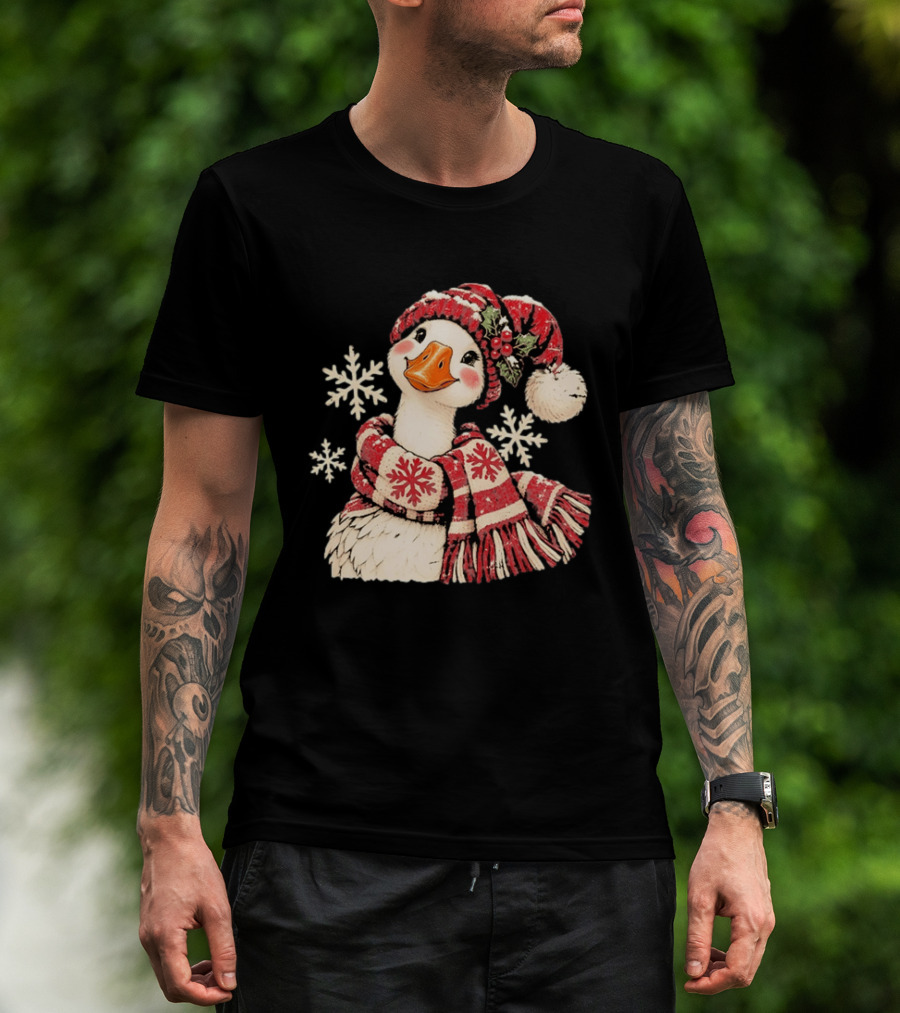 Goose With Red Scarf And Hat In Snowflake Winter Scene T-Shirt