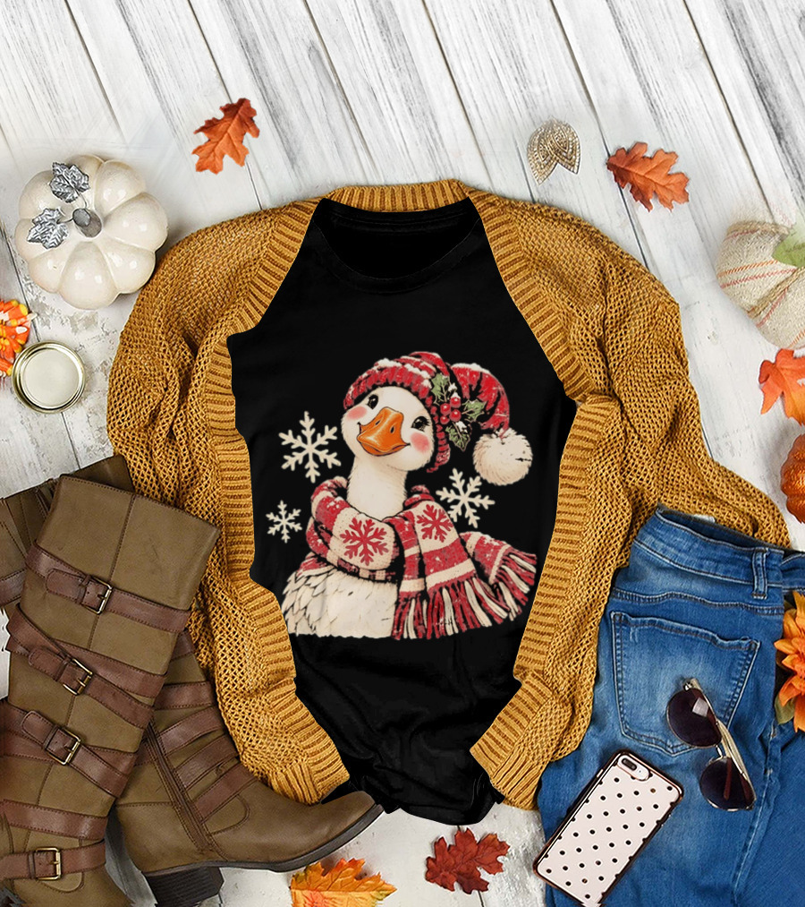 Goose With Red Scarf And Hat In Snowflake Winter Scene T-Shirt