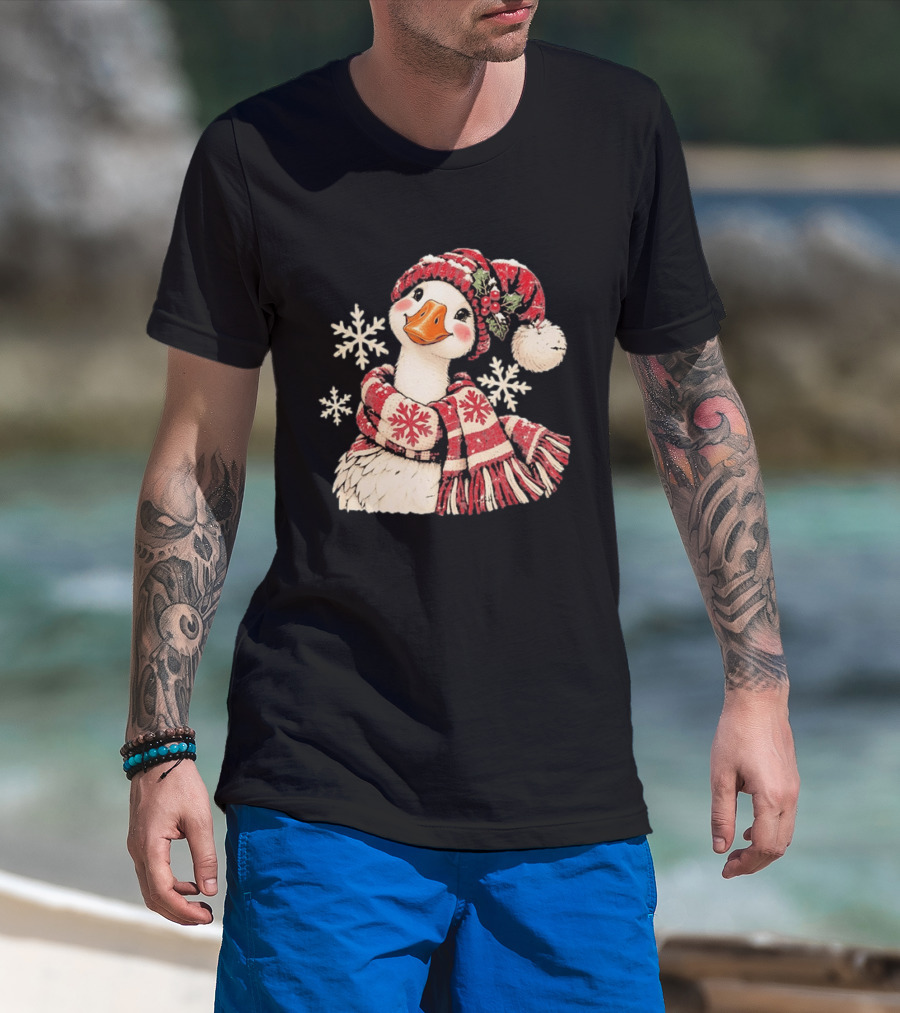 Goose With Red Scarf And Hat In Snowflake Winter Scene T-Shirt