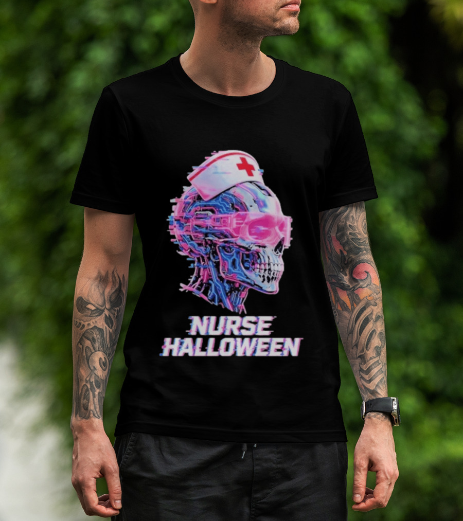Nurse Halloween Cybernetic Skull Glitch Futuristic Nurse Cap And Neon Skull T-Shirt
