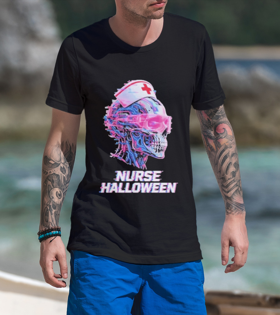 Nurse Halloween Cybernetic Skull Glitch Futuristic Nurse Cap And Neon Skull T-Shirt
