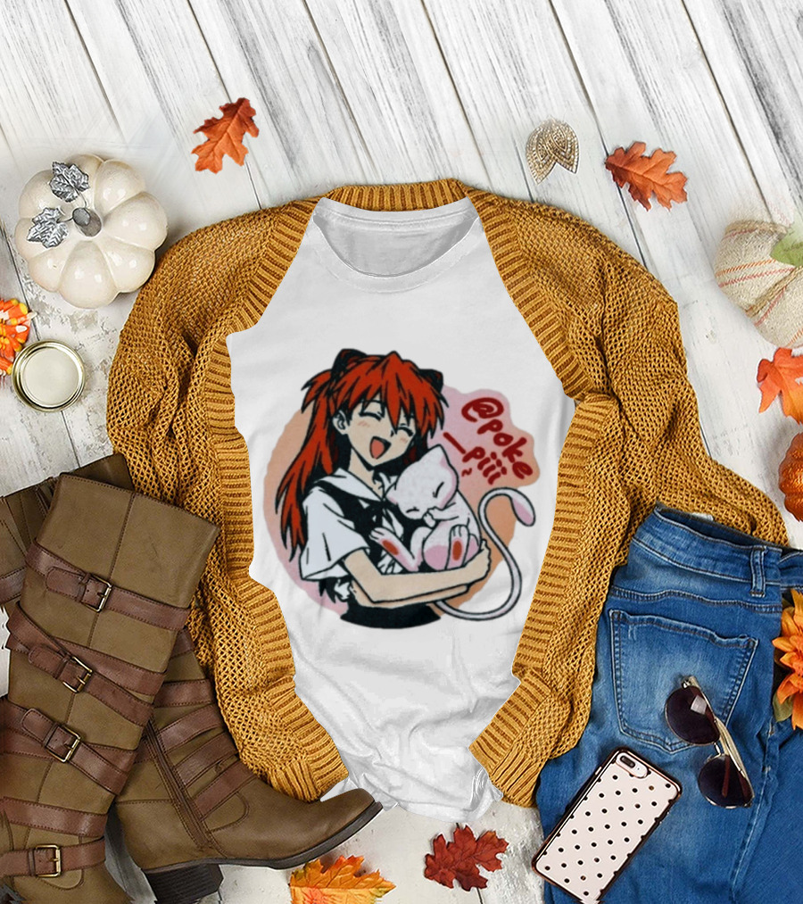 Asuka Langley Soryu With Mew Pokémon Evangelion Crossover @poke_piii T-Shirt
