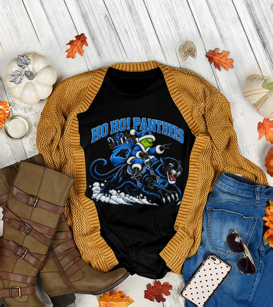 Ho Ho Panthers Grinch Christmas Football Riding Panther T-Shirt