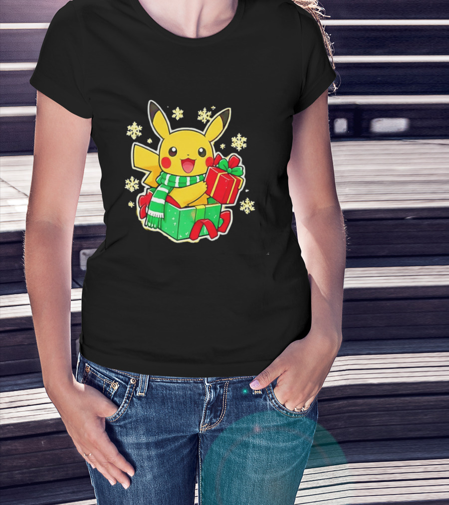 Pikachu Christmas Scarf With Gift Box Pokemon Holiday T-Shirt
