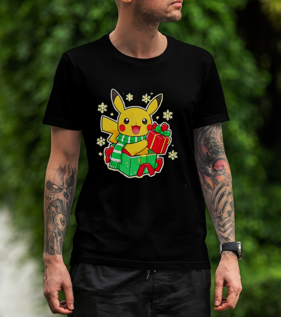 Pikachu Christmas Scarf With Gift Box Pokemon Holiday T-Shirt