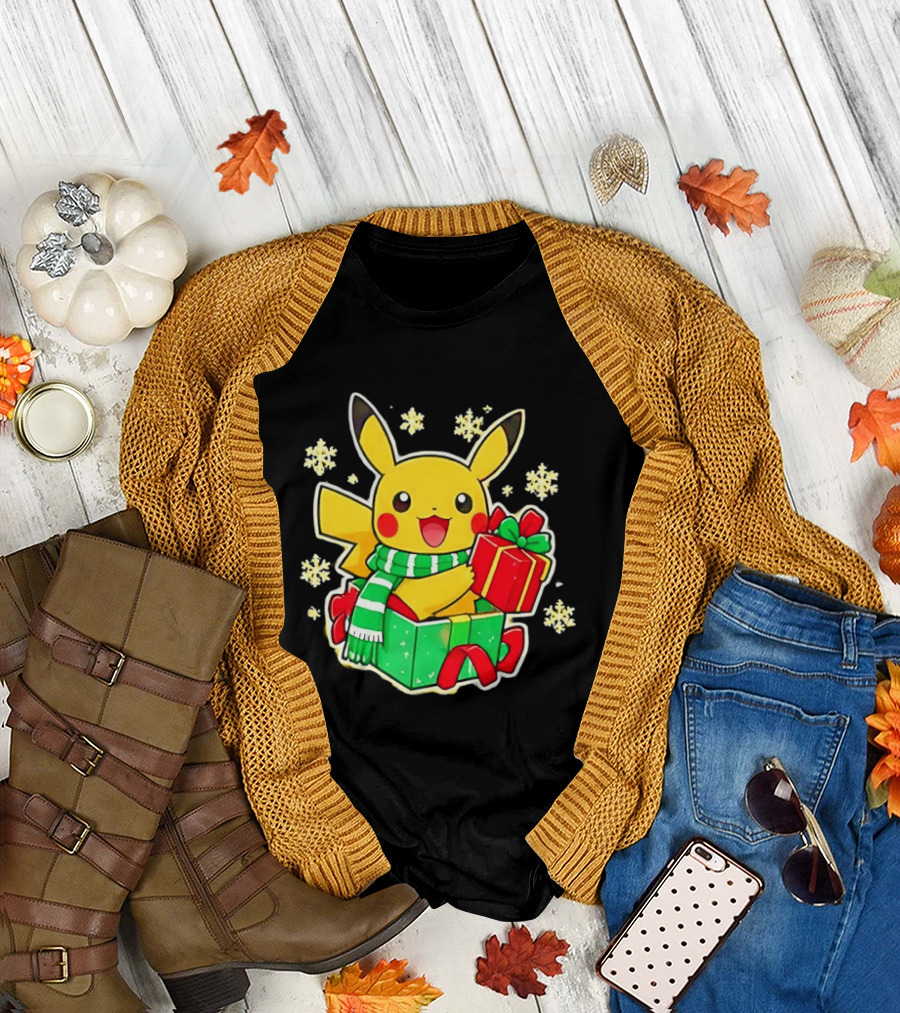 Pikachu Christmas Scarf With Gift Box Pokemon Holiday T-Shirt