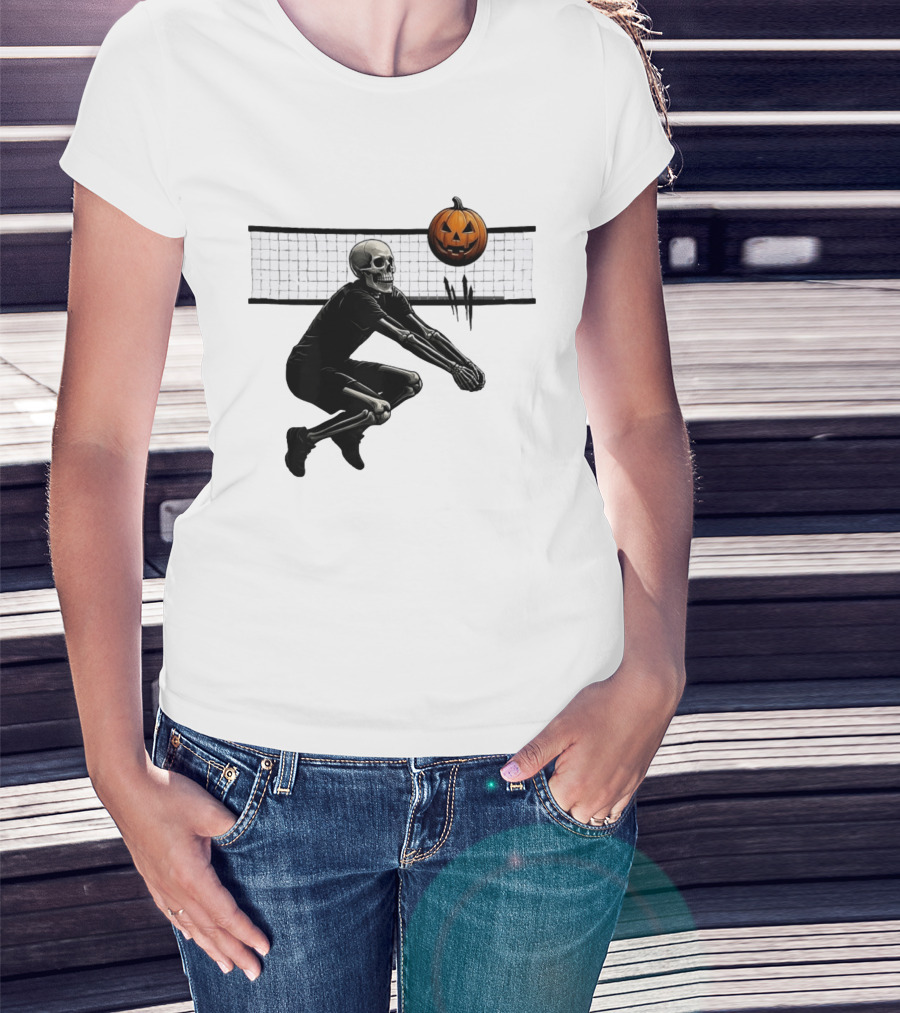 Bump Or Treat Halloween Volleyball Skeleton Pumpkin Spike T-Shirt