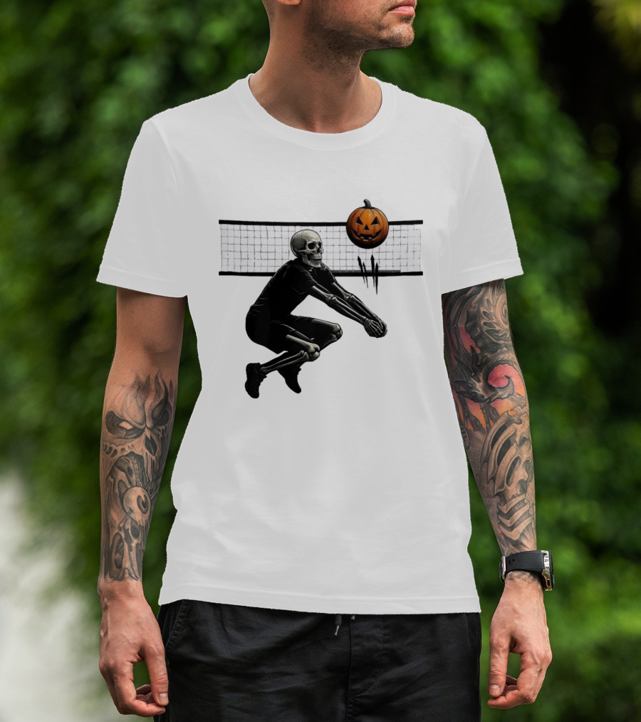 Bump Or Treat Halloween Volleyball Skeleton Pumpkin Spike T-Shirt