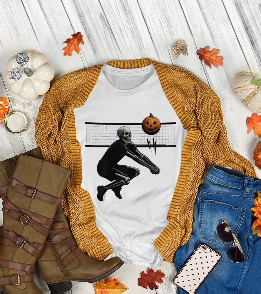 Bump Or Treat Halloween Volleyball Skeleton Pumpkin Spike T-Shirt
