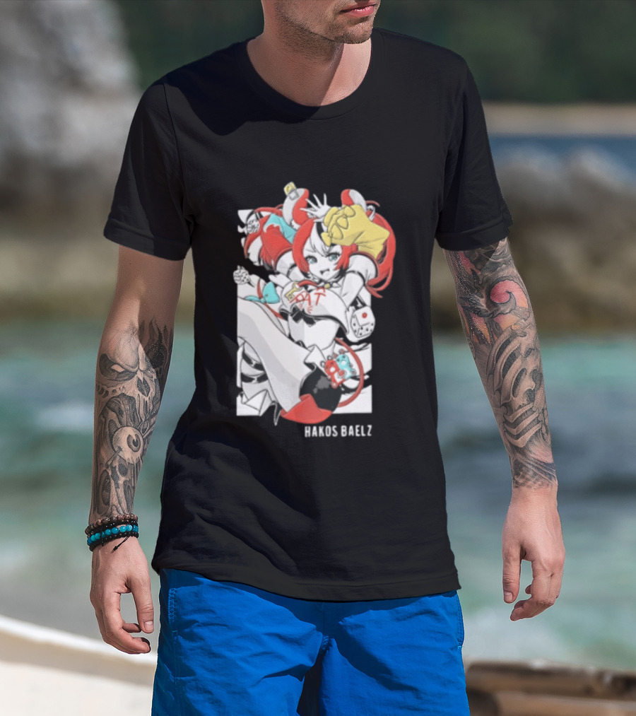 Hololive Hakos Baelz Anime Girl Red Hair Dice Playful Jumping T-Shirt