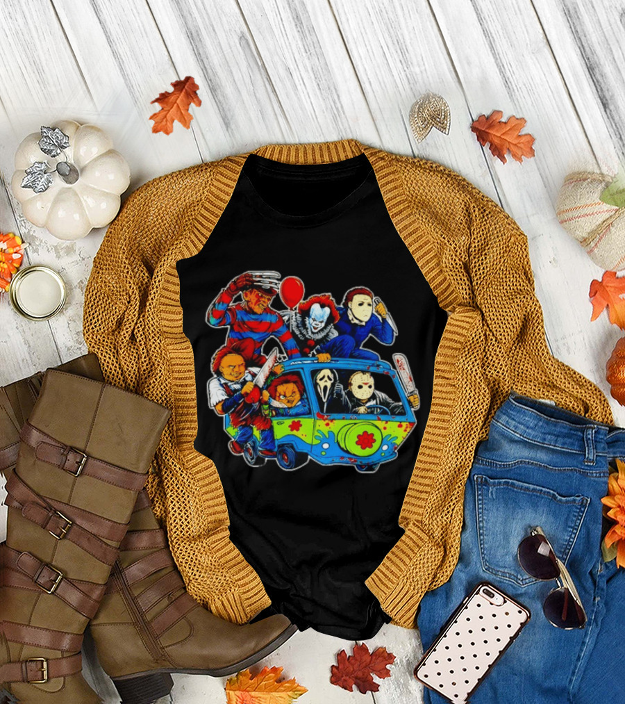 Horror Movie Icons Ride In Mystery Machine Van With Murderous Villains T-Shirt