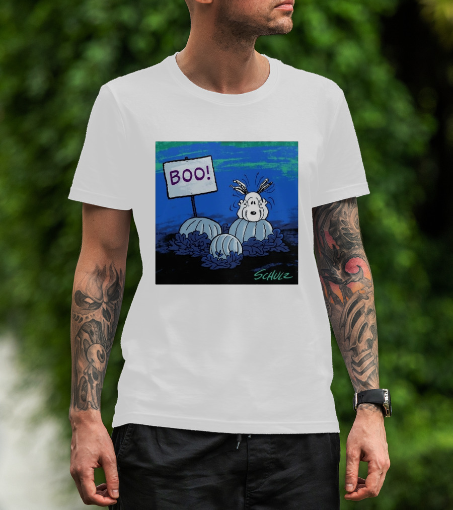 BOO Snoopy Pumpkin Patch Season Halloween Scene By Schulz T-Shirt