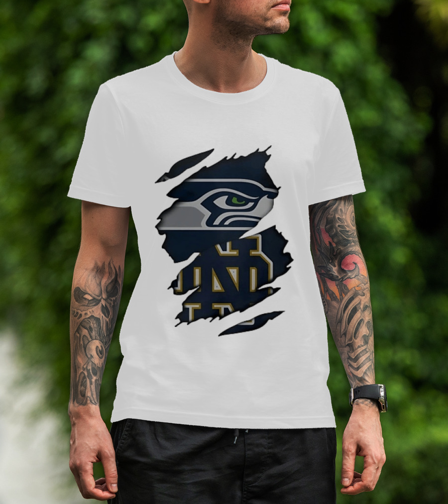 Seattle Seahawks Notre Dame Fighting Irish Ripped Effect NCAA Logos T-Shirt