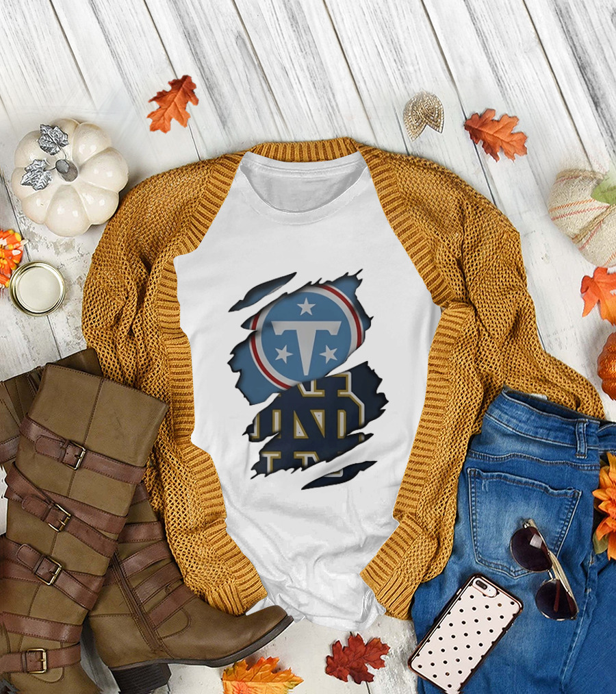 Tennessee Titans Notre Dame Fighting Irish Ripped NCAA Football Collaboration T-Shirt
