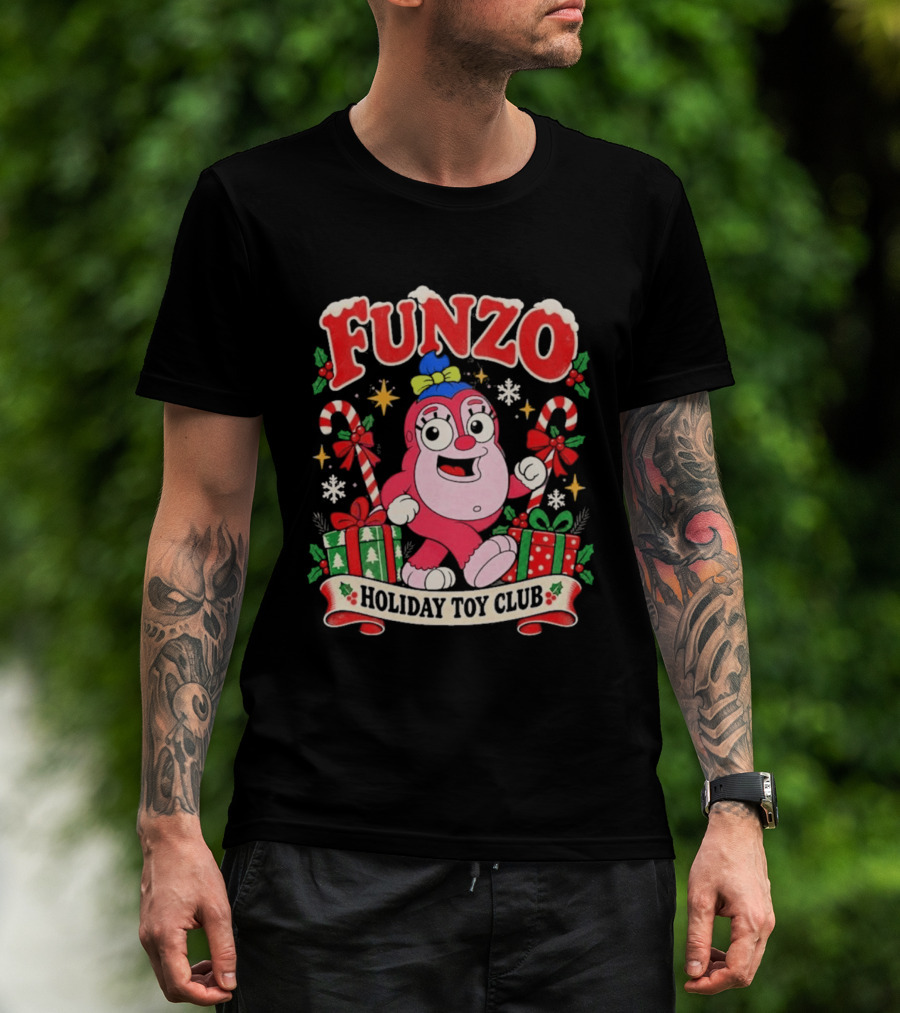 Funzo Christmas Holiday Toy Club Candy Cane And Presents T-Shirt
