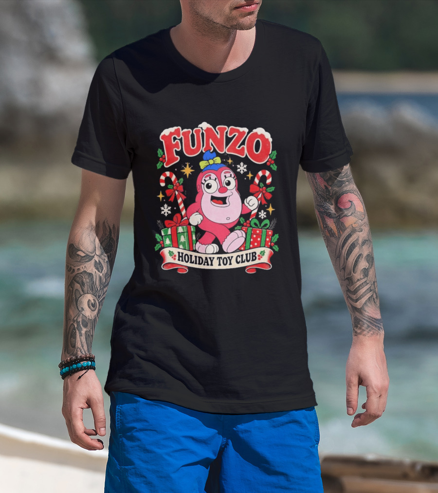 Funzo Christmas Holiday Toy Club Candy Cane And Presents T-Shirt