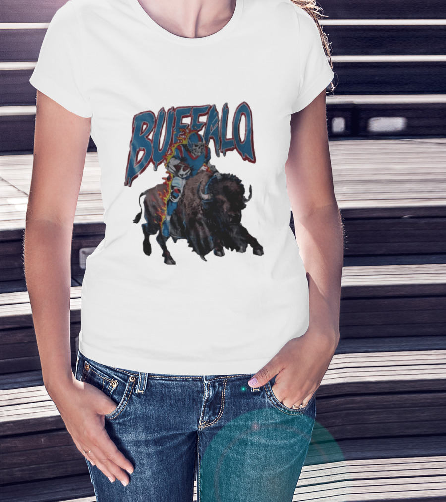 Buffalo Bills Skeleton Football Player Riding Charging Buffalo T-Shirt